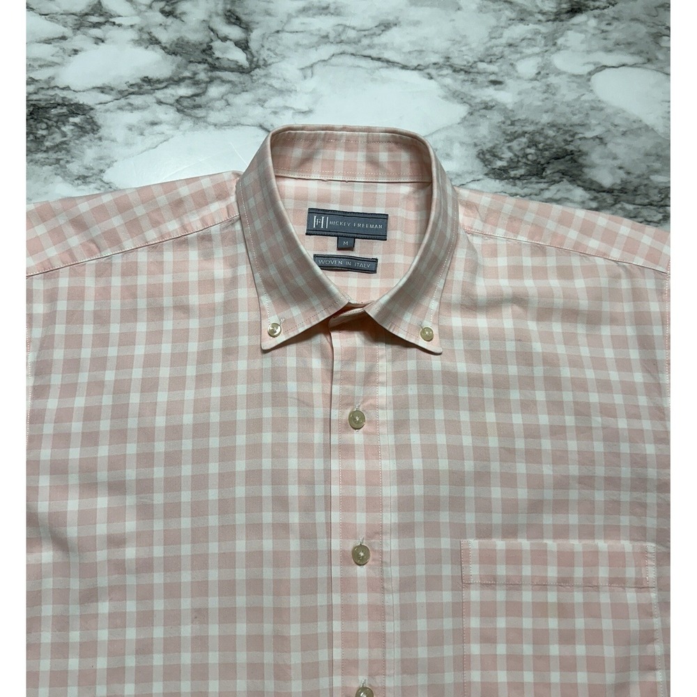 Hickey Freeman Men's Shirt Size M Pink White Check Button Up Long Sleeve Pocket - Picture 2 of 7